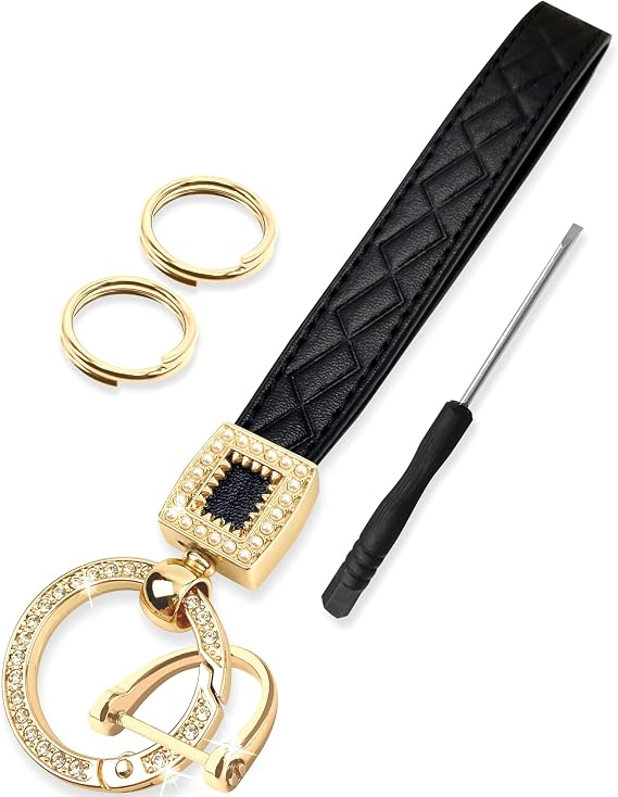 GABOX Extended Wristlet Keychain for Women | Rhinestone Ring Carabiner & Horseshoe Clasp for Car Keys Rings, Leather Wrist Strap for Secure and Stylish Convenience
