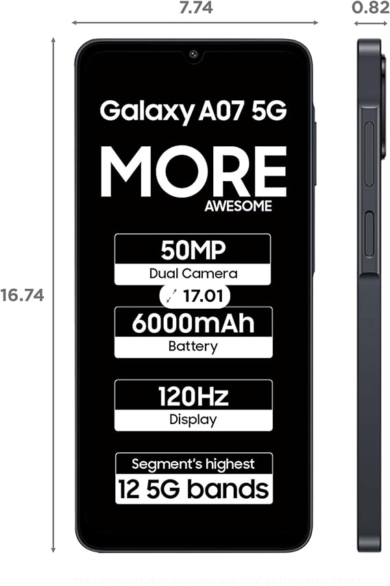 Samsung Galaxy A07 5G (Siyah, 4GB RAM, 128GB Depolama) | 6,7 inç HD+ 120Hz Ekran | MediaTek Dimensity 6300 | 50MP + 2MP Arka Kamera | 6000 mAh Pil