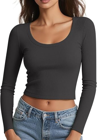 Womens Long Sleeve Shirts Scoop Neck Crop Tops Ribbed Basic Casual T Shirt Fall Outfits