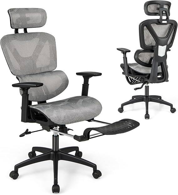 COSTWAY Ergonomic Office Chair w/Retractable Footrest, Home Mesh Chair w/Tilting Backrest & Lumbar Support, Height Adjustable Task Chair w/ 2D Headrest & 3D Armrests, Computer PC Desk Chair, Grey