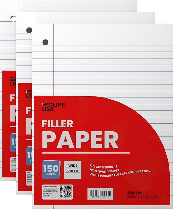Wide Ruled Loose Leaf Paper Wide Ruled Notebook Paper Lined Writing Filler Paper 10.5 x 8 56 gsm 450 Sheets 150 Sheet Per Pack (3 Pack)