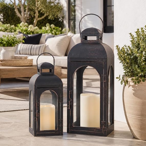NEEDOMO Lanterns Decorative Indoor,Set of 2 Outdoor Lanterns for Porch, 20" Metal Frame Candle Holders Hanging Lights,with Glass, Spring, Fall, Christmas