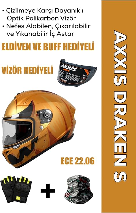 Draken S Pumpkin C3 / Mat Sarı Full Face Motosiklet Kaskı - İntercom Uyumlu, DOT VE ECE 22.06