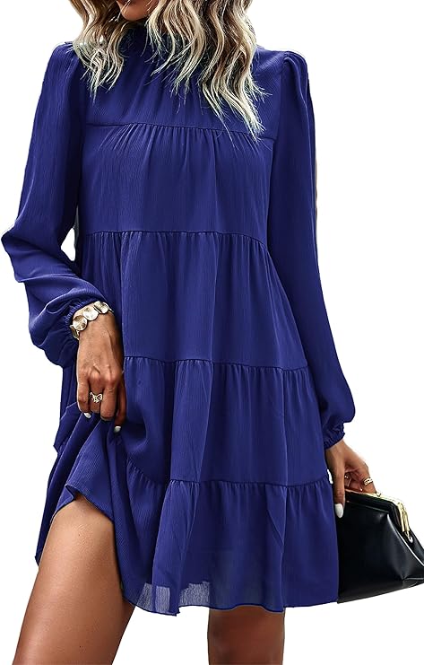 KIRUNDO Women's 2026 Fall Long Sleeve Baby Doll Dresses | Ruffle Mock Neck, Tiered Flowy Swing, Mini Shift Dress, Loose Fit, Wedding Guest, Baby Shower, Summer, Autumn Winter Clothing