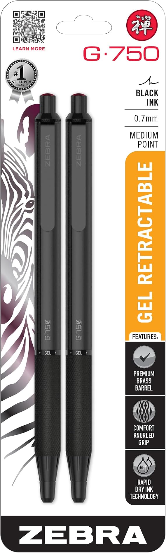 Zebra Pen G-750 Black Brass Retractable Gel Pen, Black Ink, 0.7mm, 2-Pack | Japanese Craft Detail, Brass Barrel, Rapid-Dry Ink, Comfort Knurled Grip, Refillable, Medium Point Tip, STEEL Series (49812)