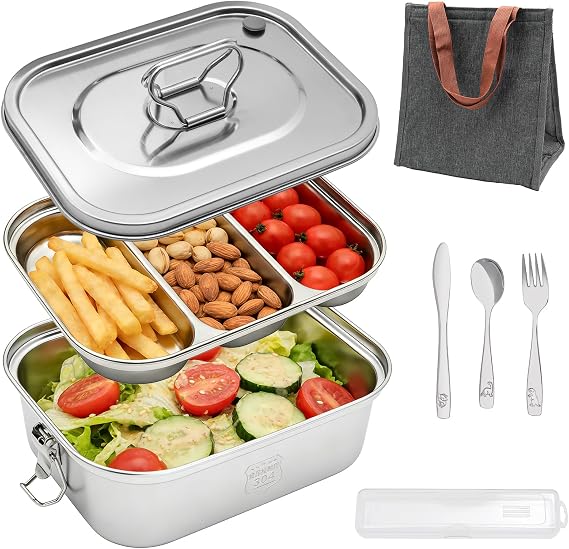 304 Stainless Steel Bento Box - Leakproof 3-Compartment 1800ml (64oz) Lunch Box with Airtight Lid, Water-Resistant Carry Bag & Utensil Set for Work