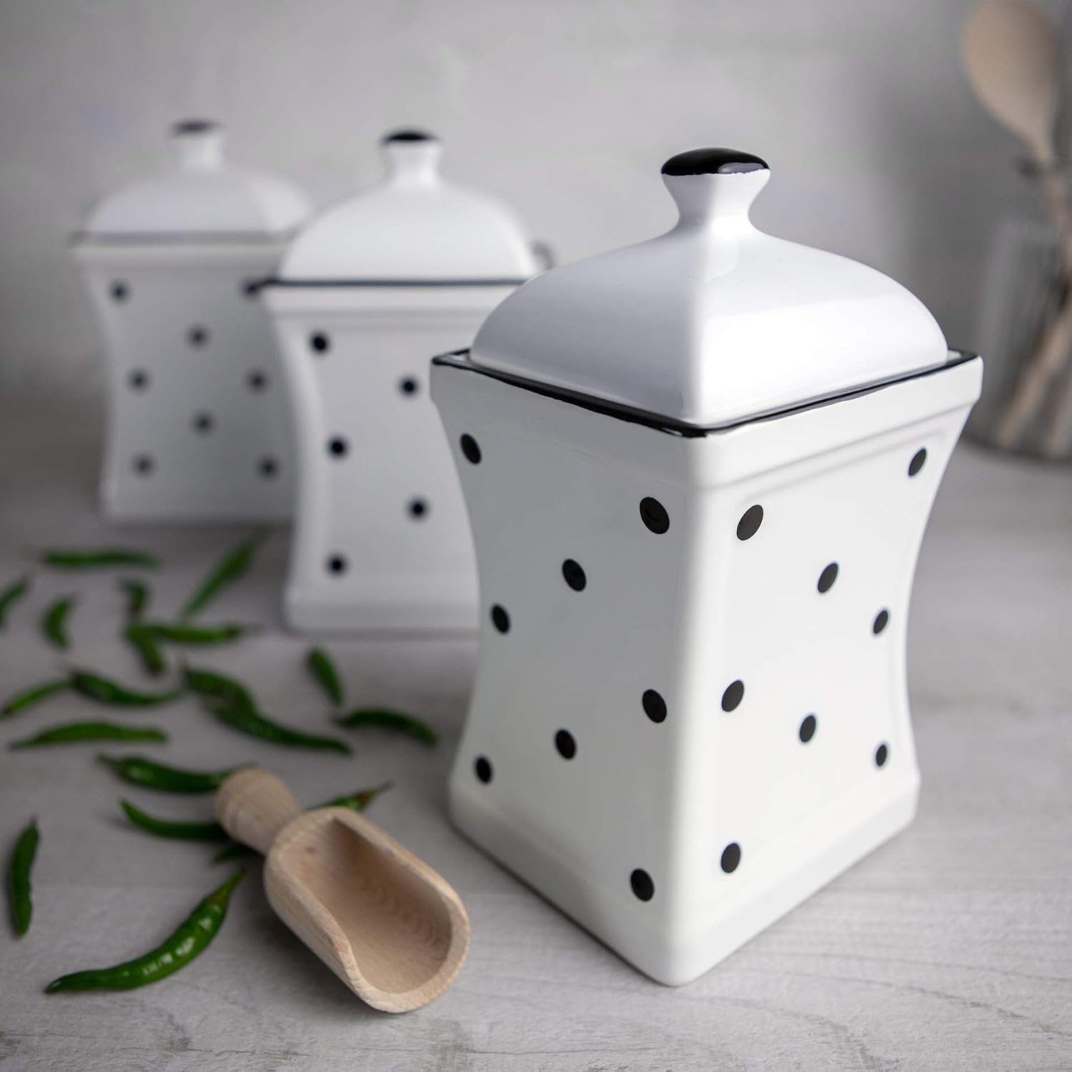 City to Cottage White and Black Polka Dot Handmade, 31.5oz900ml Ceramic Kitchen Storage Jar Set of 3, Same Size Large Canisters
