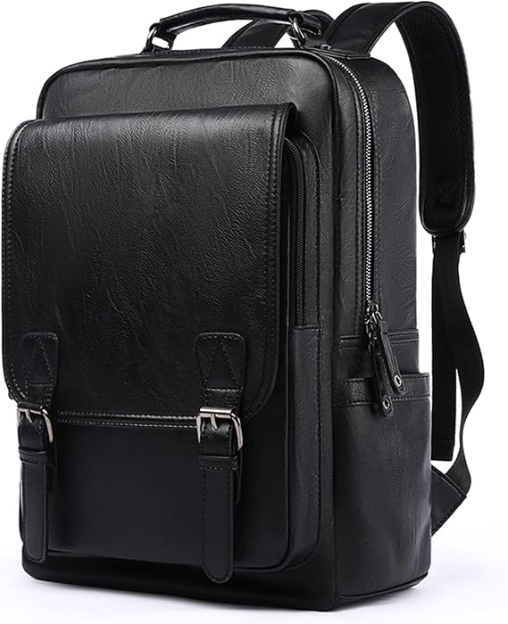 MOYYI Leather Backpack fits 15.6 Inch Laptop Vintage Backpack Waterproof Flap Bookbag for Men Leather Travel Backpack for Men Casual Knapsack Black