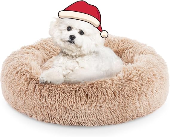 FluffyDream 24 Inch Donut Bed for Dogs, Calming, Brown, Washable, Plush Fur Dog Cuddle Bed