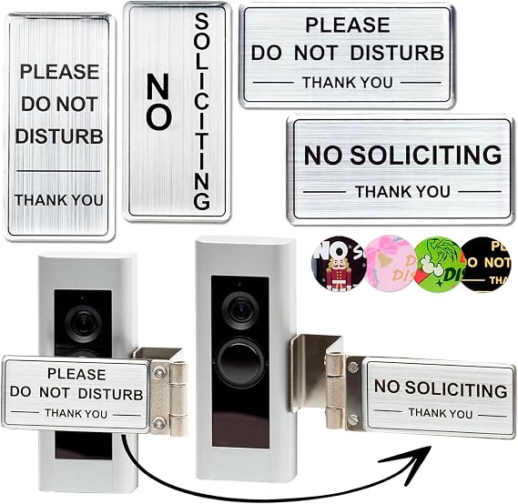 Metal No Soliciting Sign for Front Door - Fits Any Doorbell, NO SOLICITING & DO NOT DISTURB - Dual Purpose Sign, Easy install (Brushed Silver)