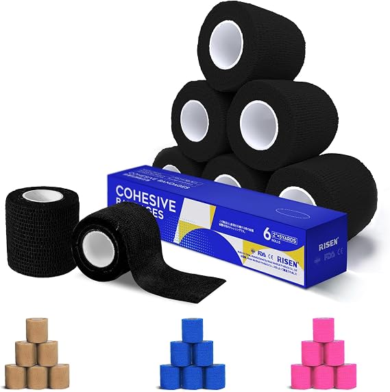 RISEN Cohesive Bandage 2 x 5 Yards, 6 Rolls, Self Adherent Wrap Medical Tape, Adhesive Flexible Breathable First Aid Gauze Ideal for Stretch Athletic