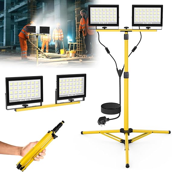 NATPOW LED Work Light with Tripod, Flood Lights with 2 Adjustable Head, 11000Lumen Work Lights with Telescopic Stand, Plug 4M Lead IP66 Waterproof Foldable Lights for Outdoor Job Site Workshop Garage [Energy Class A+]