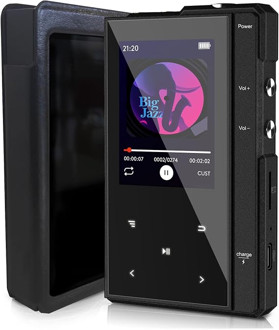 96GB Z6 MP3 Player with Leather Case,MP3 Player with 90 Hours Long Battery Life,Bluetooth 5.0,Phinistec Z6 Digital Audio Player with Loud Speaker, 2.4'' IPS Portable Music Player