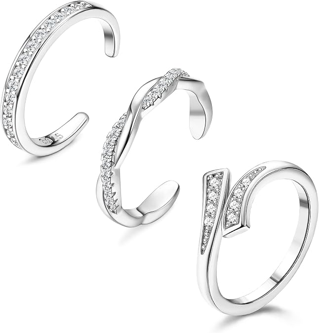 FIBO STEEL 3 PCS Toe Rings for Women 925 Sterling Silver Adjustable Toe Rings Open Cuff Toe Rings CZ Daisy Moonstone Ring Band Rings Beach Foot Jewelry Set