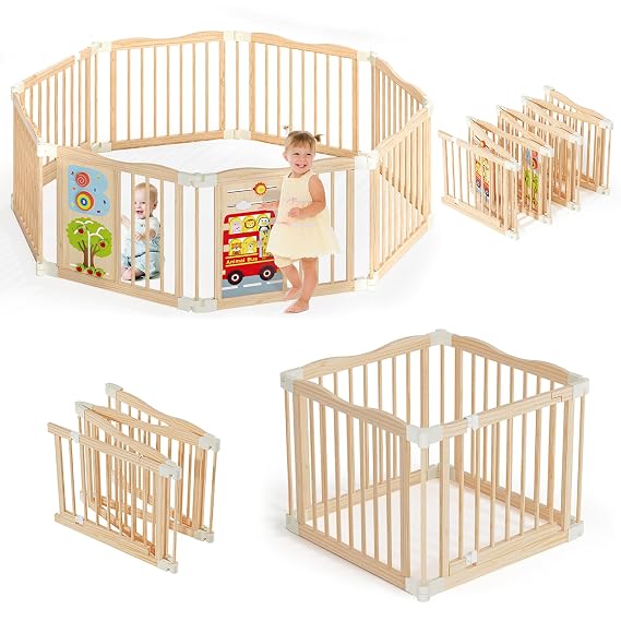 Foldable Wooden Playpen - Adjustable Wood Baby Play Yard with Child-Proof Lock, Indoor Large Safety Fence for Babies and Toddlers - Easy Assembly, 12 Panels with Sensory Toys