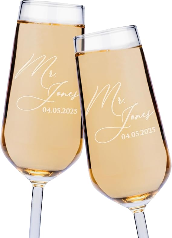 Personalized Wedding Champagne Flutes for Bride and Groom- Set of 2, 7 oz, 2 Designs - Mr and Mrs Champagne Glasses for Engagement with Your Surname and Date - D2