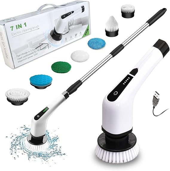 Electric Spin Scrubber, Cordless Cleaning Brush with 7 Replaceable Brush Heads, Tub and Floor Tile 360 Rotating Power Scrubber Mop with Adjustable Handle for Bathroom Kitchen Car (WHITE)