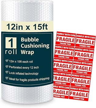 Bubble Cushioning Wrap Roll Polyethylene 12 inch x 15 Feet for Packaging, Shipping, Mailing, Moving