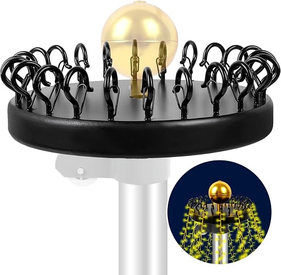 Flag Pole Christmas Tree Light Hook Topper Kit for Telescoping Flagpoles | Wood base with 24 closed metal hooks, tool-free fitting for 15-30ft telescoping poles, weatherproof for holiday string lights