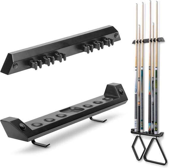 GoSports Wall Mounted Pool Cue Stick Holder - Holds 6 Billiards Cues and 2 Triangle Racks - Black