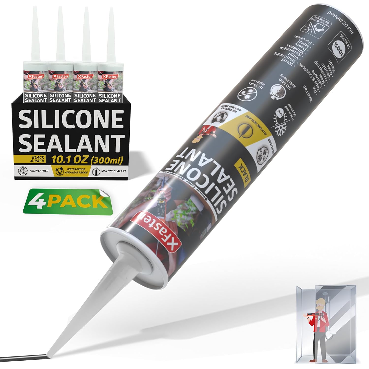XFasten Silicone Sealant Waterproof Black Cartridge, 10.1 oz 4-Pack Black Caulking Silicone Adhesive Sealant Cartridge for RV, General Use, Window, Door, Glass, Automotive Leak Sealing