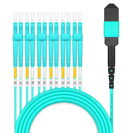 AMPCOM MPO to LC Breakout Cable 50/125m MultiMode OM3-300(24 Fiber,MPO to LC, Type B, LSZH/Riser, UPC, Aqua) 1m (3ft)