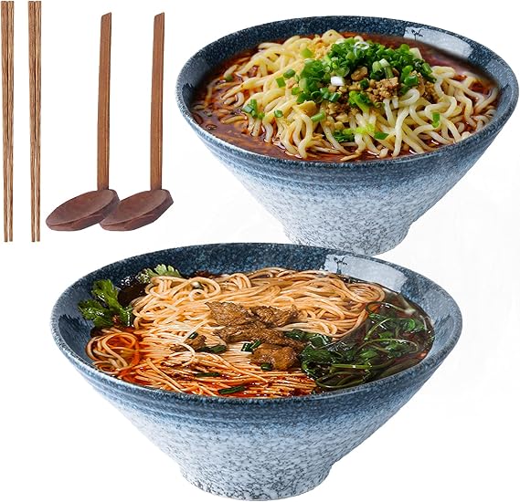 9 Inch Ceramic Japanese Ramen Noodle Soup Bowl, 2 Sets (6 Piece) 1600ml Multi Purpose Bowl with Matching Spoon and Chopsticks, for Instant Noodles, Soup, Noodle, Pho, Udon and Soba (Blue)