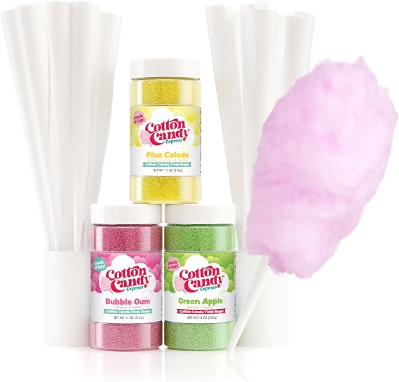 Cotton Candy Express Floss Sugar plus Cones with 3 - 11oz Plastic Jars of Bubble Gum, Green Apple & Pina Colada Flossing Sugars. 50 Paper Cones Included. Use with Cotton Candy Express Machine