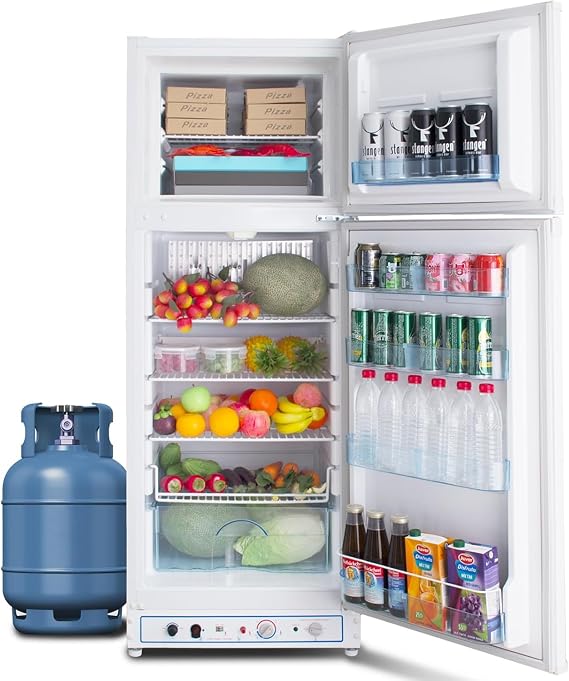 Propane Refrigerator 14.1 Cu.Ft with Freezer, Full Size Off-Grid Gas Fridge LPG/110V Dual Power, Reversible Door, Adjustable Thermostat, Large Storage for RV Kitchen Garage Cabin Outdoor, White