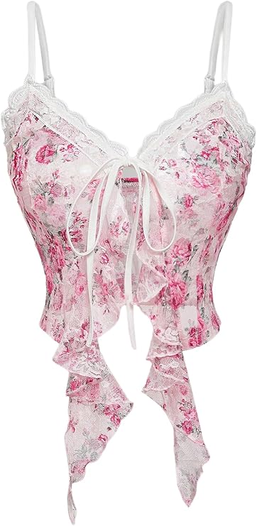 SweatyRocks Women's Y2k Going Out Sheer Mesh Lace Ditsy Floral Print Cami Crop Top Ruffle Asymmetrical Tank Top