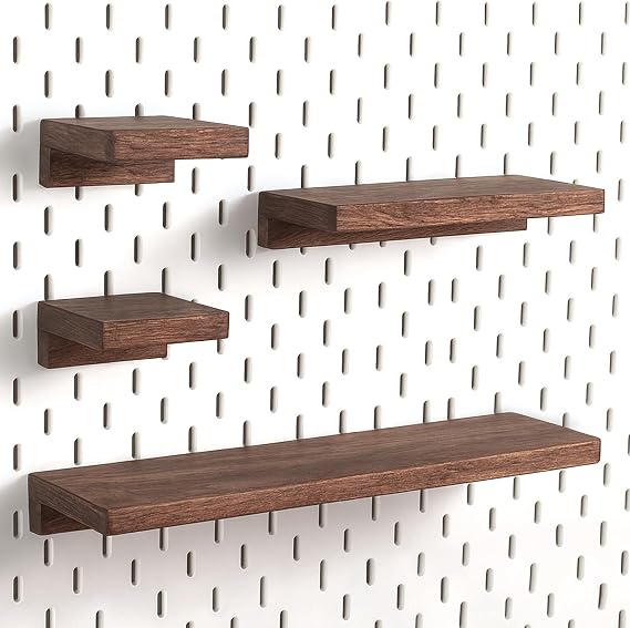 Pegboard Shelf Set ONLY for IKEA Skadis, Walnut Finish Wood, 4-Pack | No Assembly Pegboard Accessories Wall Organizers for Craft Room Home Garage Kitchen