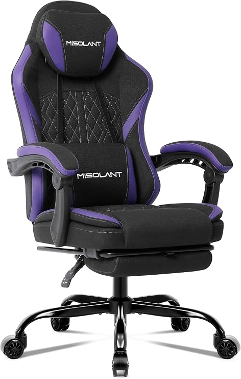 Misolant Gaming Chair, Fabric Gamer Chair with footrest for Adults, High Back Ergonomic Computer Game Chair with Adjustable Headrest and Massage Lumbar Support, 90-155 Recline Free, Purple
