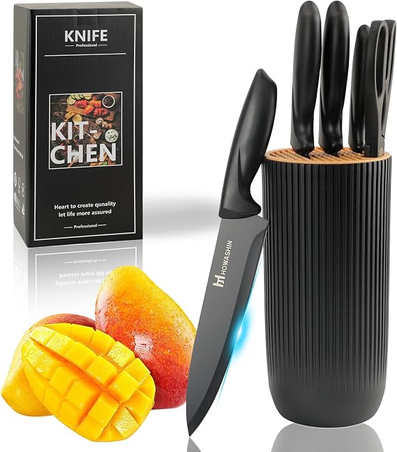 Black Kitchen Knife Set with Block, Sharp Non-Stick Blade Chef 's Knife German High Carbon Stainless Steel, 6Pcs Home Kitchen Cooking Knives Block Set with Compact Holder and Kitchen Shears