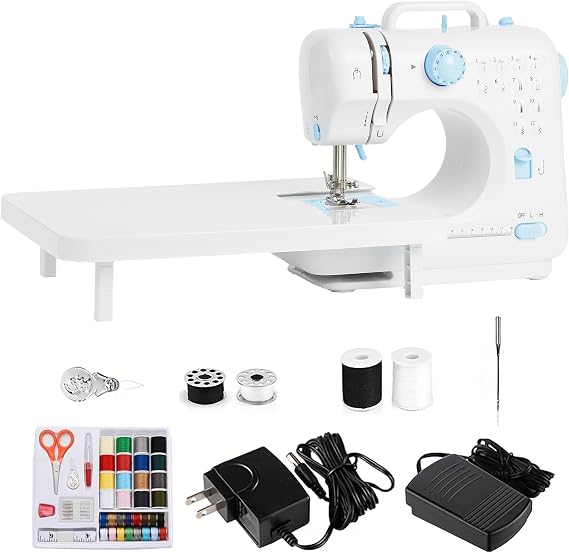 Portable Sewing Machine for Beginners,Maquina de Coser,Table and Kit,Blue | With Extension Table,42PCS Sewing Kit, 12 Stitches,2 Speeds, Foot Pedal, Dual Power, Mini Electric