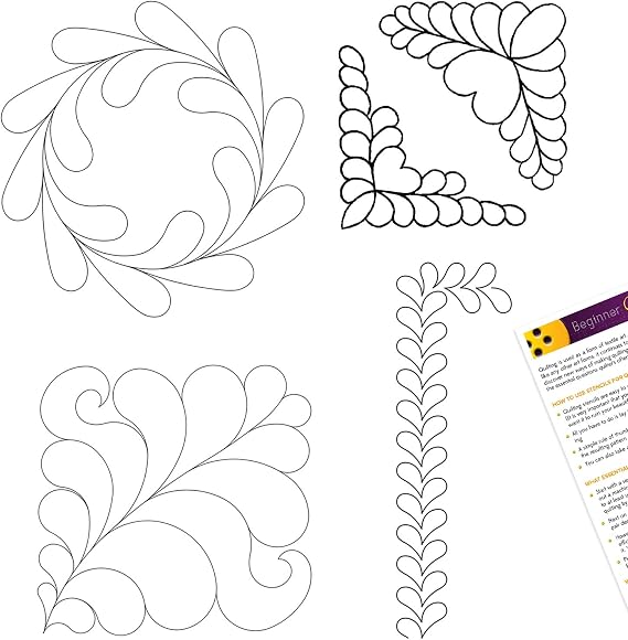 Quilting Stencils for Machine and Hand Quilting - 4 Quilt Plastic Stencil Set for Borders, Background, Patterns - Sashing Border, Feather Corners, Block, Antique Feather Design - with Guide