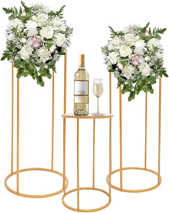 DYNAMI 3Pcs Cylinder Pedestal Stands for Parties,Gold Metal Floor Plant Stand Round Flower Holders Tables Cake Stands for Weddings,Display Columns Pedestal Stand Cylinder, 23.6+29.5+35.4in H