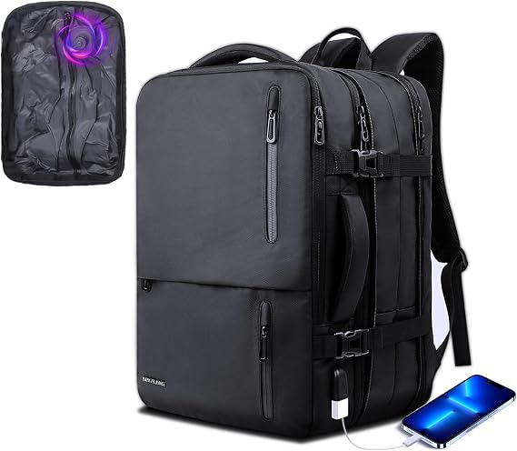 Vacuum Backpack Travel Bag: Vacuum Rucksack with Built-in Pump Fit Laptop 19 Inch Computer Expandable Compression Rucksack Waterproof Carry on Large Cabin Size USB Charging For Work Business Black