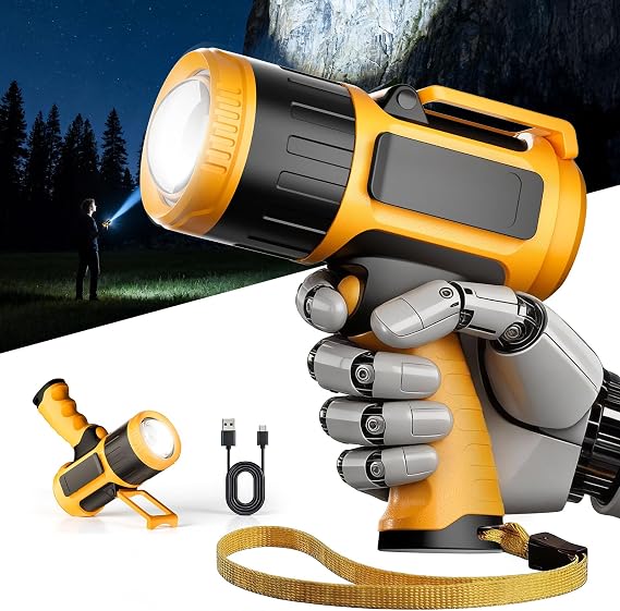 2000000 Lumens Spotlight, Adjustable Focus Super Bright LED Rechargeable Spotlight Flashlight, 20000mAh 30Hrs IPX7 Waterproof Spot Lights Outdoor Handheld, Build-in Stand, Clip and Wrist Strap