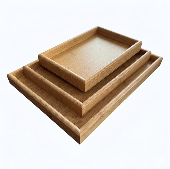 Doğal Bambu Sunum Tepsisi Seti, İç İçe Geçebilir Dikdörtgen Servis Tepsisi, 3'lü Set, 40x30, 35x25, 30x20 cm