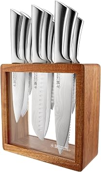 Cuisine::pro Damashiro Knife Block (Hiryu, 10-Piece Set) - Premium Japanese Steel Knife Set with Acacia Wood Block & Tempered Glass Window - Damascus-Inspired Blade