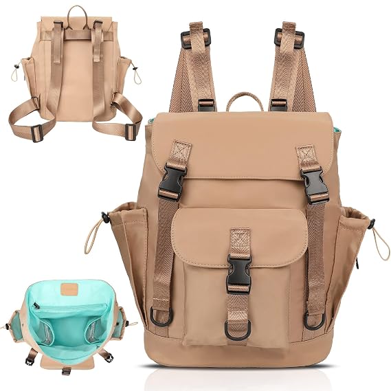 MOMINSIDE Diaper Bag Backpack with Large Wet Pocket, Baby Diaper Bag Mini Baby Bag for Girls Boys, Backpack Diaper Bag with 9 Pockets, Stroller Straps (Kaki)