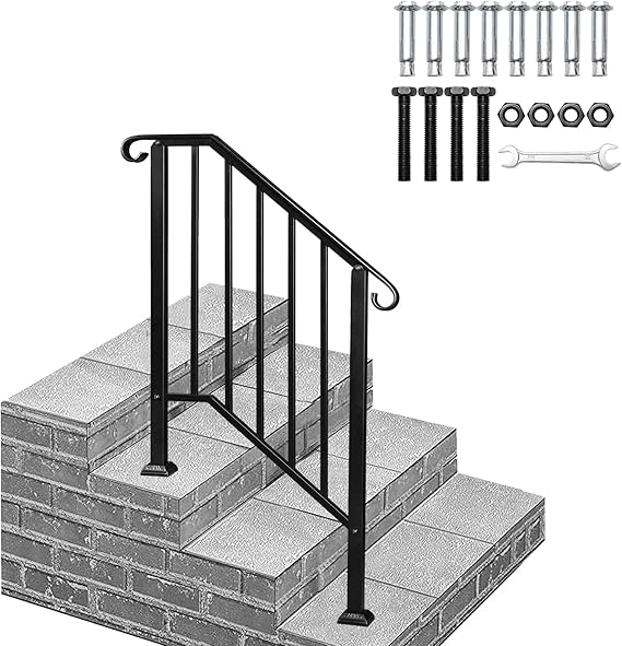 Wrought Iron Handrail Fits 2 to 3 Steps, Outdoor Rail Stair Railing Banister Safety Grab Rail Mobility Floor Mount Railing for Stairs, Garden, House Entrance, Parapet, Balcony