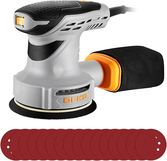 Random Orbital Sander: DEKOPRO 5" Corded Electric Sander with Dust Box, 6 Various Speeds Adjustable Palm Sander with Dust Box, 16Pcs Sandpapers for Woodworking & Sanding-Yellow 