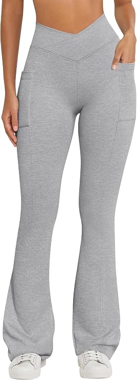 OQQ Women Pants Soft Active High Waist Crossover Flared Trousers with Pockets