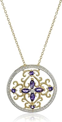 MORGAN & PAIGE .925 Sterling Silver 18K Yellow Gold Plated Diamond Accented Birthstone Floral Filigree Round Pendant Necklaces for Women - Choice of Birthstones, Hypoallergenic Womens Necklaces, 18"