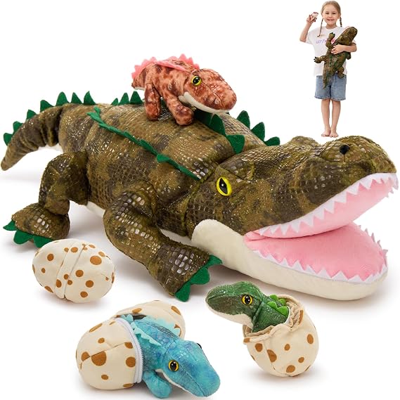 MorisMos Giant Crocodile Plush Toy 60 cm, 7Pcs Alligator Stuffed Animal Family Set with 3 Baby Crocodiles and 3 Eggs, Lifelike Cuddly Soft Toy Gift for Kids Birthday Party Decor