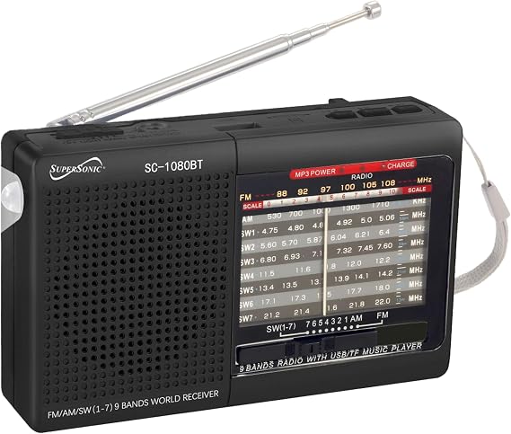 Supersonic SC-1080BT 9-Band Radio with Bluetooth, Portable Small Multi Band Radio Stereo, USB and Micro SD Input, Torch Light, and Rechargeable Battery