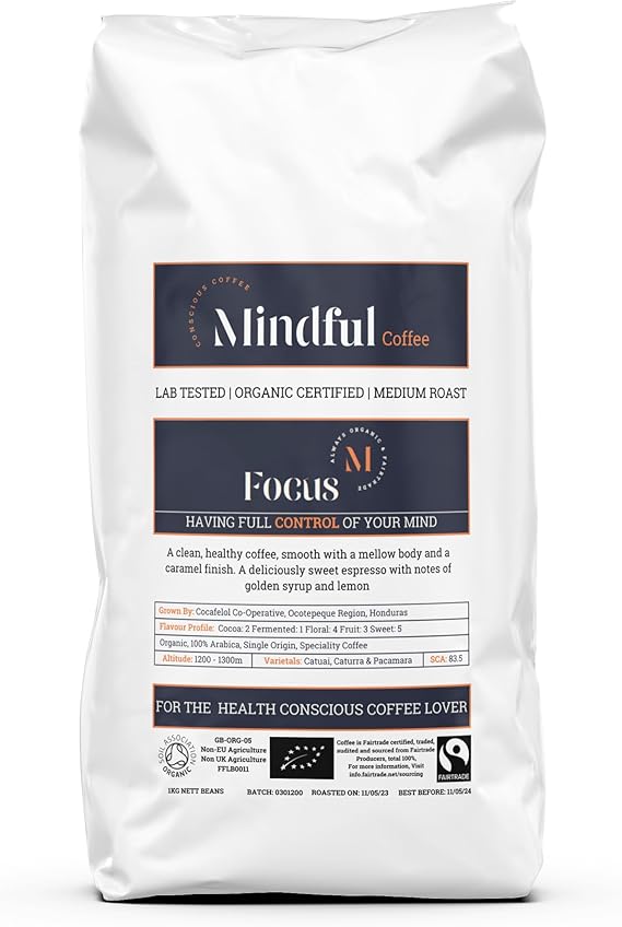 Mindful Coffee - Focus 1kg| Organic Clean Ground Coffee | Lab Tested - Mycotoxin Free| Freshly Roasted |Single Origin Speciality|Ground for Aeropress