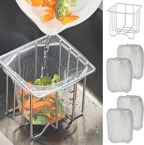 Kitchen Sink Strainer, Sink Strainer Basket&200pcs Large Size Mesh Bags | Sink Food Catcher with Drain Net Bags, Meshmate Waste Rack Trash Catcher for Garbage Leftovers