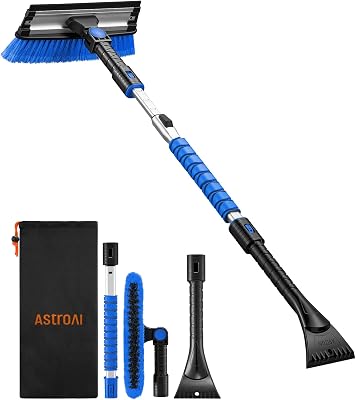 AstroAI 47.2 Ice Scrapers for Car Windshield, 3 in 1 Sturdy Snow Brush with Squeegee, 10 Adjustable Length Settings, Extendable Aluminum Handle, 180 Pivoting Snow Scraper for Car, Truck, SUVBlue